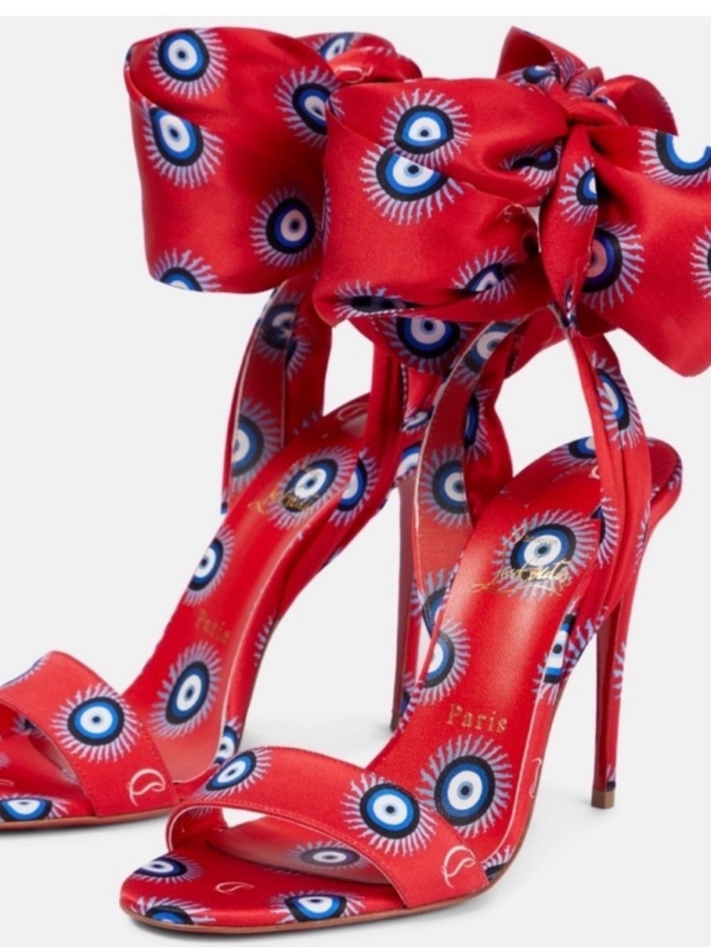 Christian Louboutin Red Satin Eye-Print Stiletto Sandals with Ankle Tie - Picture 2 of 6